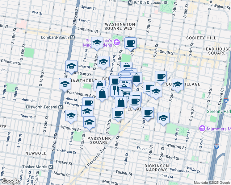 map of restaurants, bars, coffee shops, grocery stores, and more near 1005 South 10th Street in Philadelphia