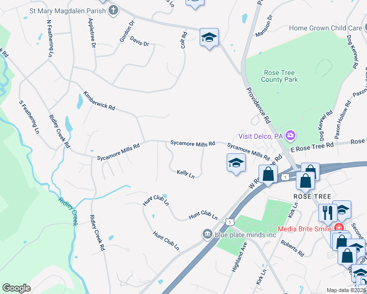 map of restaurants, bars, coffee shops, grocery stores, and more near 260 Sycamore Mills Road in Media