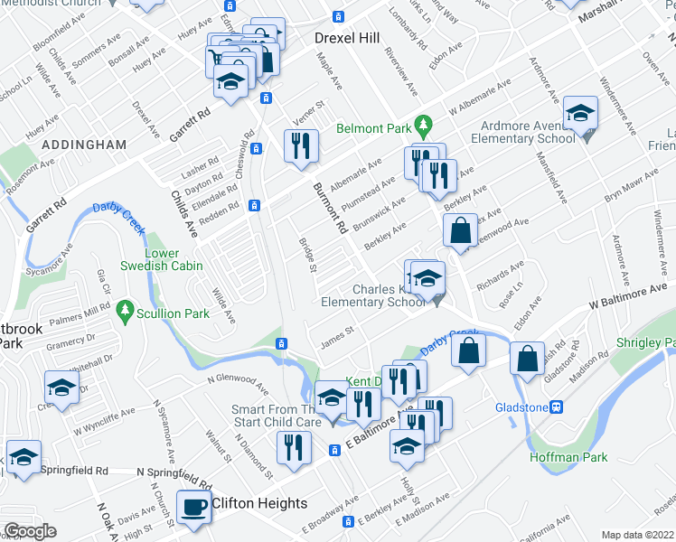 map of restaurants, bars, coffee shops, grocery stores, and more near 3830 Berkley Avenue in Upper Darby