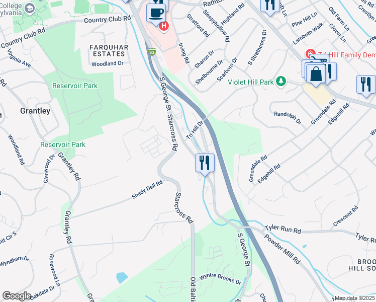 map of restaurants, bars, coffee shops, grocery stores, and more near 1414 South George Street in York