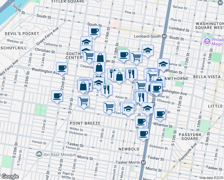 map of restaurants, bars, coffee shops, grocery stores, and more near 1730 Washington Avenue in Philadelphia