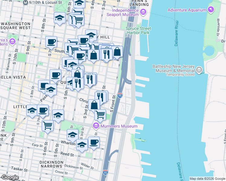 map of restaurants, bars, coffee shops, grocery stores, and more near 778 South Front Street in Philadelphia