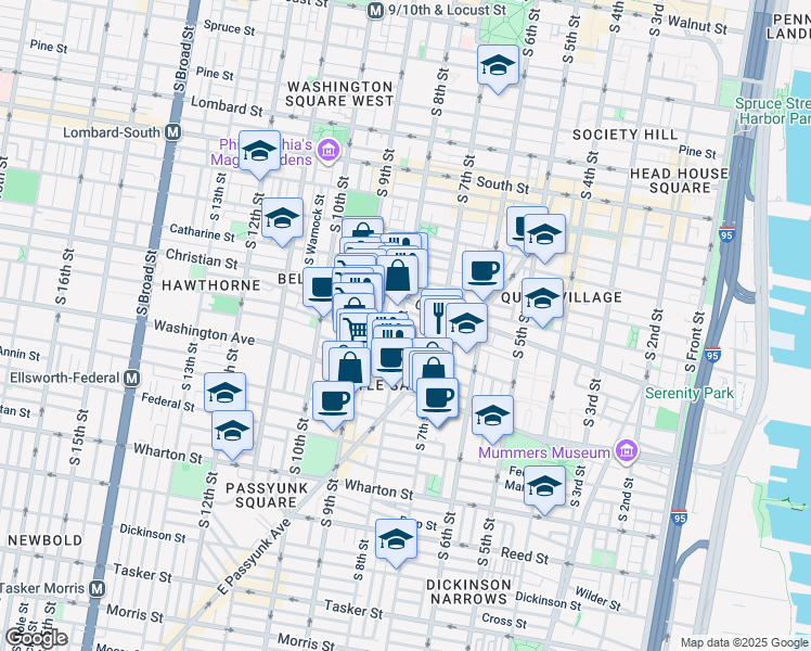 map of restaurants, bars, coffee shops, grocery stores, and more near 919 South 8th Street in Philadelphia