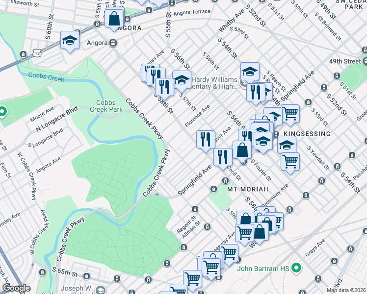 map of restaurants, bars, coffee shops, grocery stores, and more near 5847 Warrington Avenue in Philadelphia