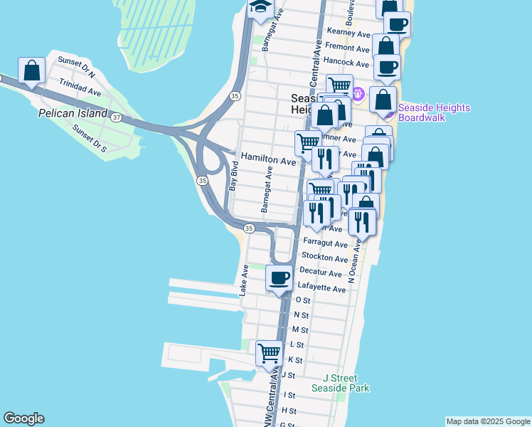 map of restaurants, bars, coffee shops, grocery stores, and more near 235 Bay Terrace in Seaside Heights