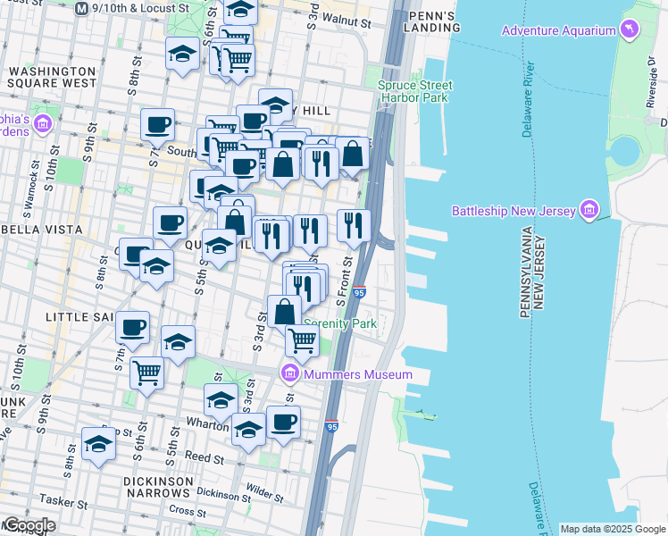 map of restaurants, bars, coffee shops, grocery stores, and more near 714R South 7th Street in Philadelphia