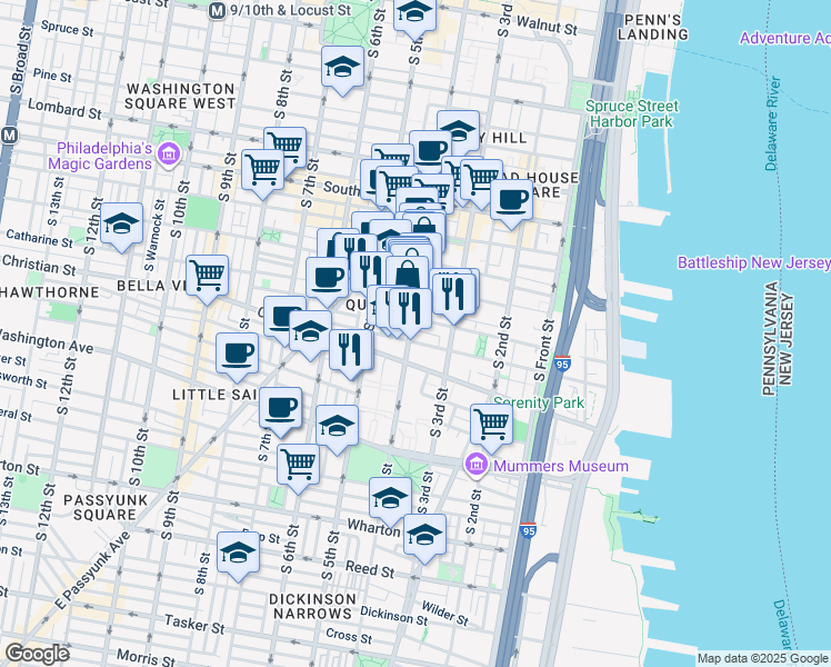 map of restaurants, bars, coffee shops, grocery stores, and more near 813 South 4th Street in Philadelphia