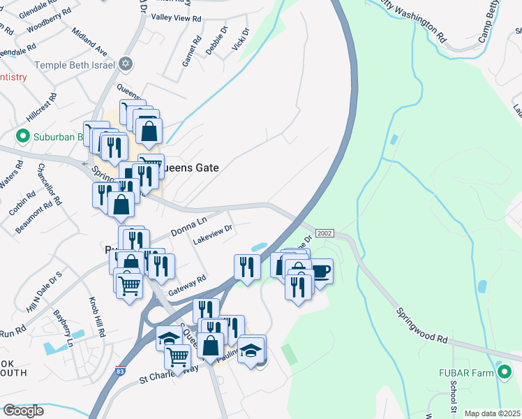 map of restaurants, bars, coffee shops, grocery stores, and more near 2194 Springwood Road in York
