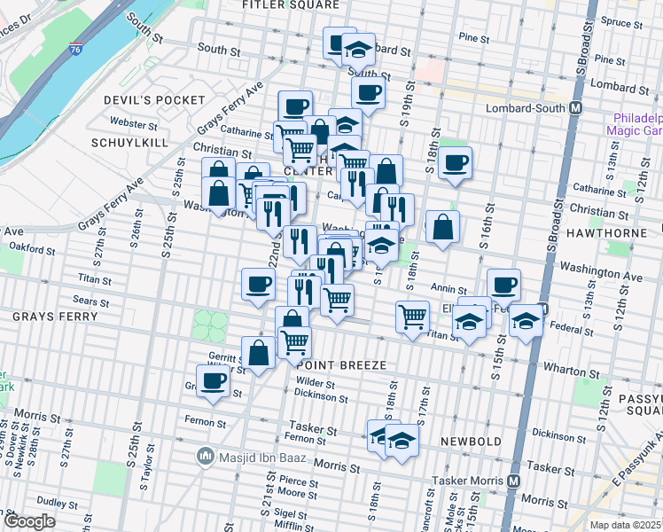 map of restaurants, bars, coffee shops, grocery stores, and more near 2022 Annin Street in Philadelphia