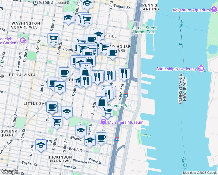 map of restaurants, bars, coffee shops, grocery stores, and more near 790 South 2nd Street in Philadelphia
