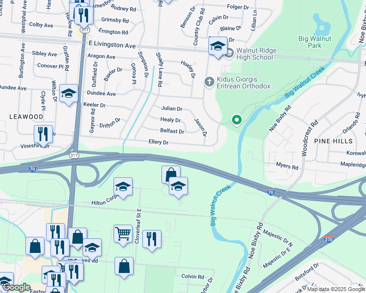 map of restaurants, bars, coffee shops, grocery stores, and more near 4683 Ellery Drive in Columbus