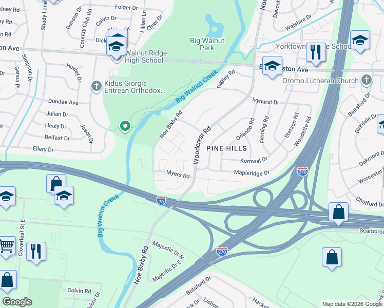 map of restaurants, bars, coffee shops, grocery stores, and more near 1924 Woodcrest Road in Columbus