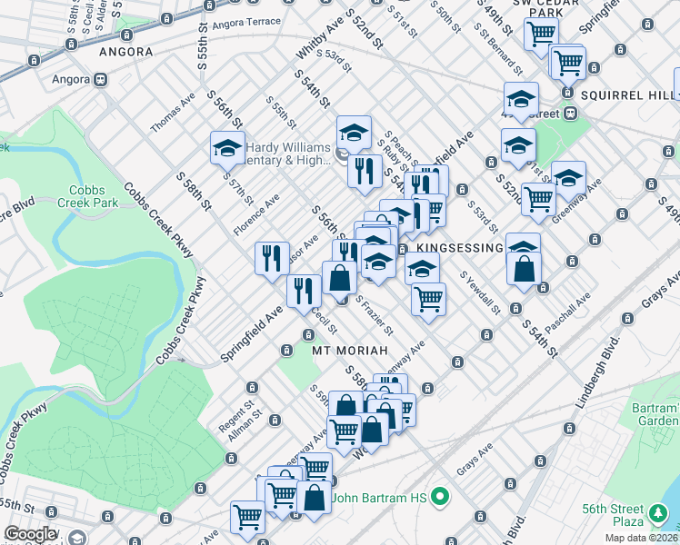 map of restaurants, bars, coffee shops, grocery stores, and more near 5617 Chester Avenue in Philadelphia