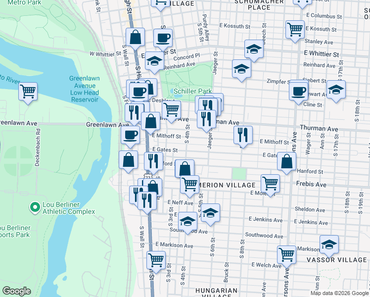map of restaurants, bars, coffee shops, grocery stores, and more near 79 East Gates Street in Columbus