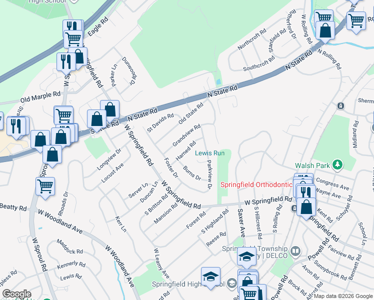 map of restaurants, bars, coffee shops, grocery stores, and more near 123 Harned Road in Springfield