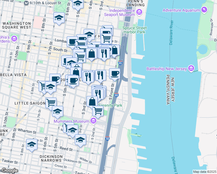map of restaurants, bars, coffee shops, grocery stores, and more near 778 South Front Street in Philadelphia