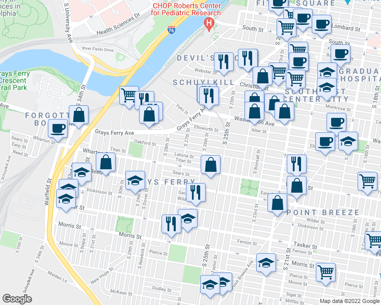 map of restaurants, bars, coffee shops, grocery stores, and more near 2640 Oakford Street in Philadelphia