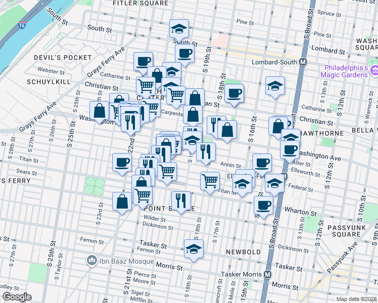 map of restaurants, bars, coffee shops, grocery stores, and more near 1912 Annin Street in Philadelphia
