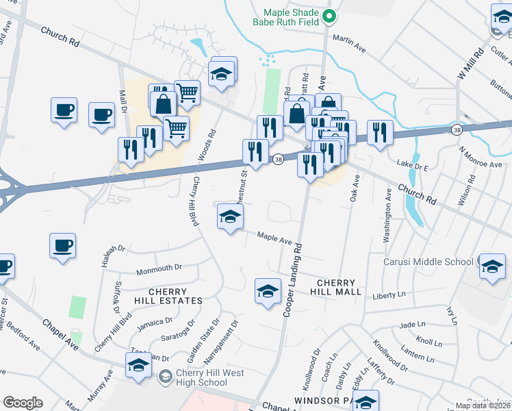 map of restaurants, bars, coffee shops, grocery stores, and more near 28 Appley Court in Cherry Hill