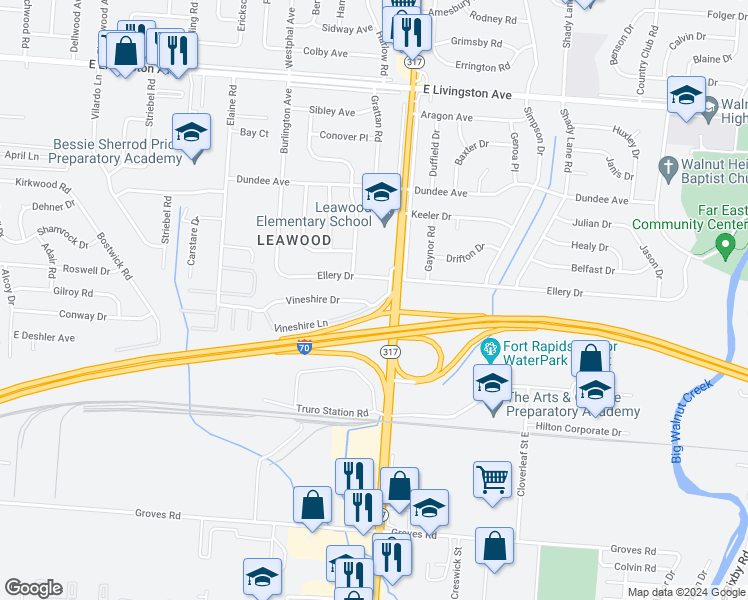 map of restaurants, bars, coffee shops, grocery stores, and more near 4286 Vineshire Drive in Columbus