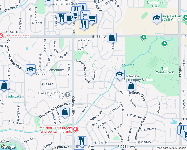 map of restaurants, bars, coffee shops, grocery stores, and more near 13309 Birch Circle in Thornton
