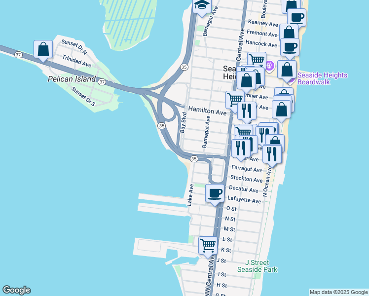 map of restaurants, bars, coffee shops, grocery stores, and more near 318 Porter Avenue in Seaside Heights