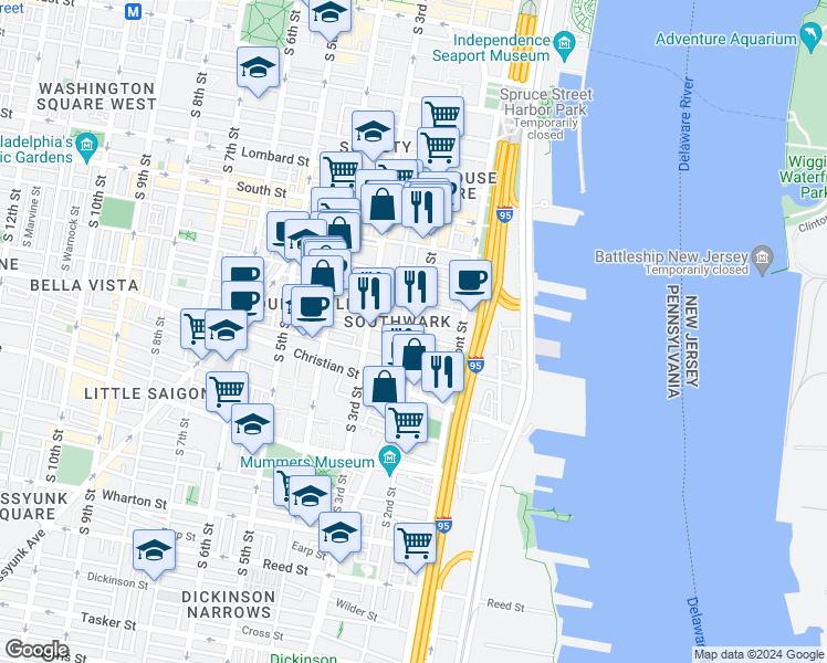 map of restaurants, bars, coffee shops, grocery stores, and more near 212 Catharine Street in Philadelphia