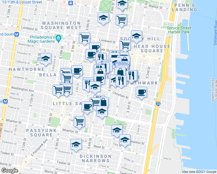 map of restaurants, bars, coffee shops, grocery stores, and more near 441 Christian Street in Philadelphia