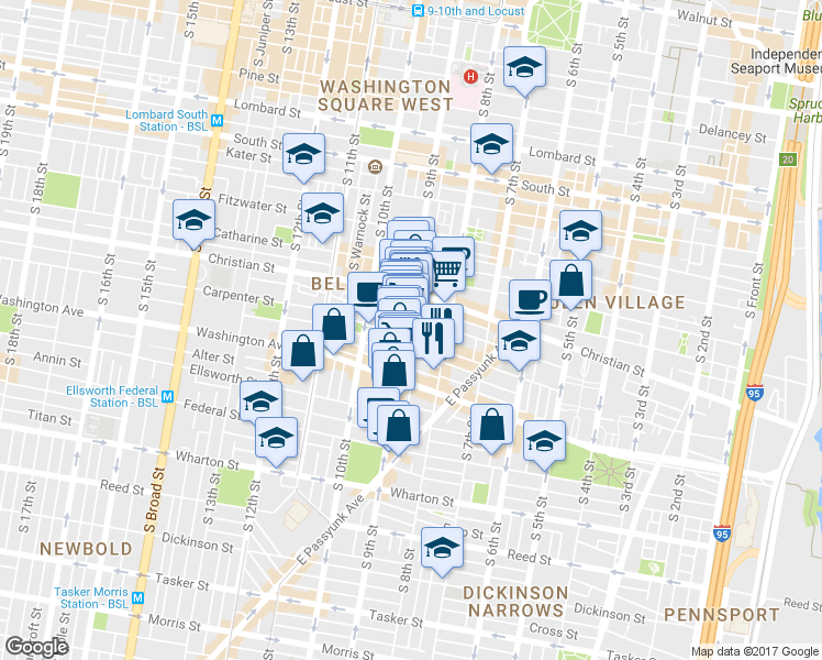 map of restaurants, bars, coffee shops, grocery stores, and more near 825 Carpenter Street in Philadelphia