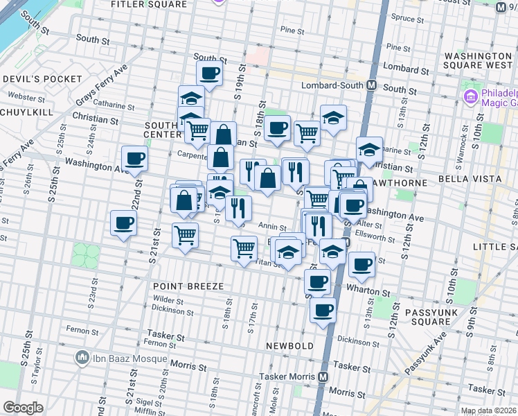 map of restaurants, bars, coffee shops, grocery stores, and more near 1730 Washington Avenue in Philadelphia