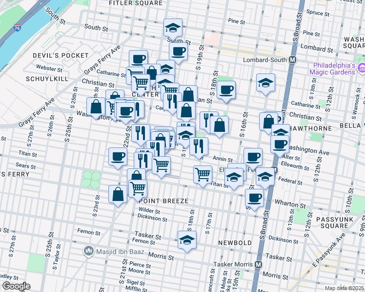 map of restaurants, bars, coffee shops, grocery stores, and more near 1912 Annin Street in Philadelphia