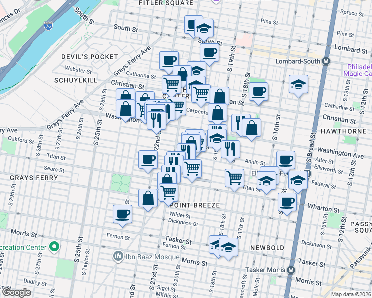 map of restaurants, bars, coffee shops, grocery stores, and more near 2009 Federal Street in Philadelphia