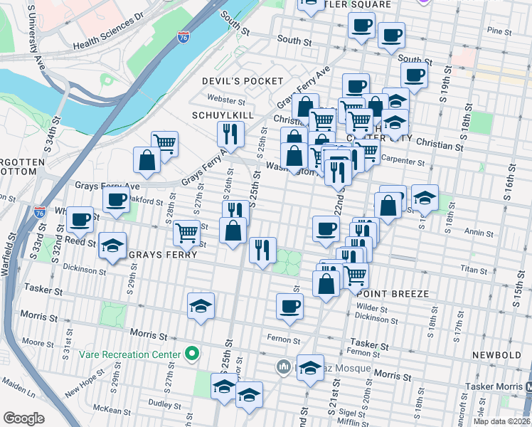 map of restaurants, bars, coffee shops, grocery stores, and more near 2433 Oakford Street in Philadelphia