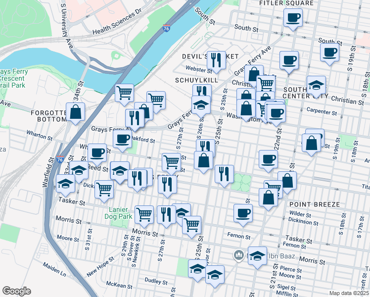 map of restaurants, bars, coffee shops, grocery stores, and more near 2609 Latona Street in Philadelphia