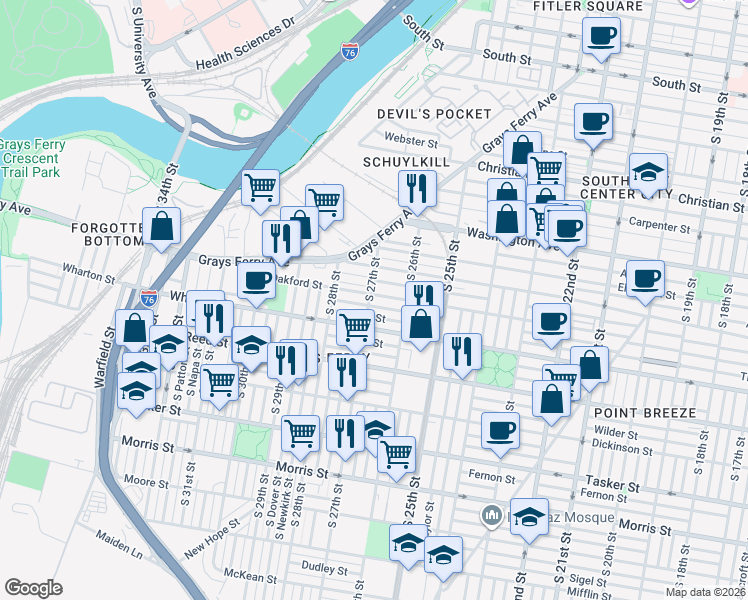 map of restaurants, bars, coffee shops, grocery stores, and more near 1252 South 27th Street in Philadelphia