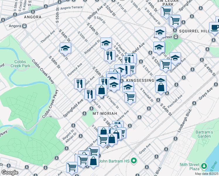 map of restaurants, bars, coffee shops, grocery stores, and more near 5617 Chester Avenue in Philadelphia