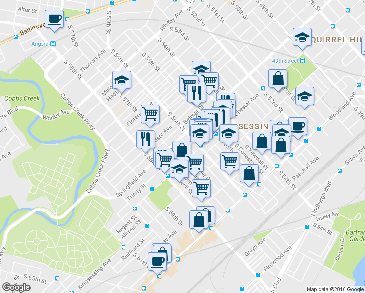 map of restaurants, bars, coffee shops, grocery stores, and more near 5617 Chester Avenue in Philadelphia