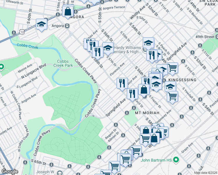 map of restaurants, bars, coffee shops, grocery stores, and more near 5847 Warrington Avenue in Philadelphia