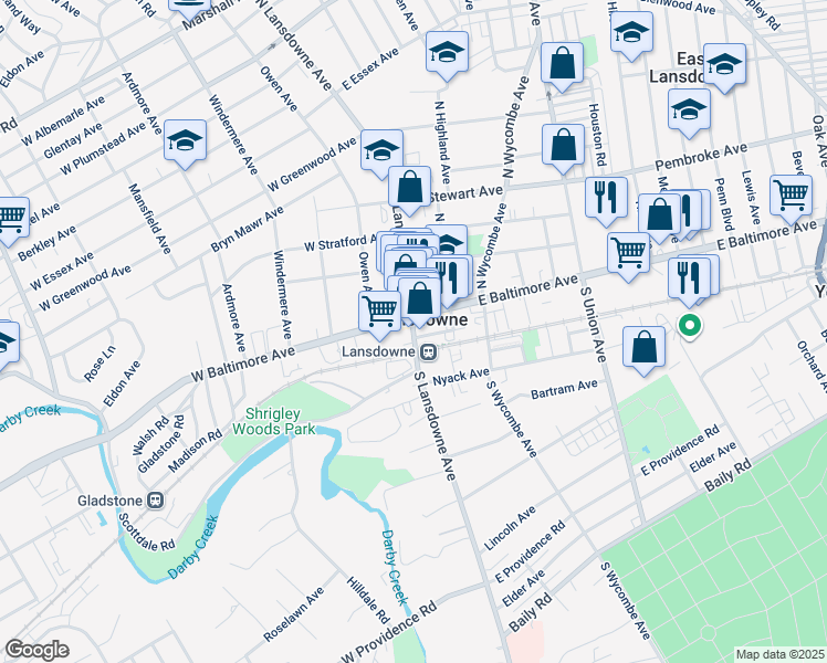 map of restaurants, bars, coffee shops, grocery stores, and more near in Lansdowne