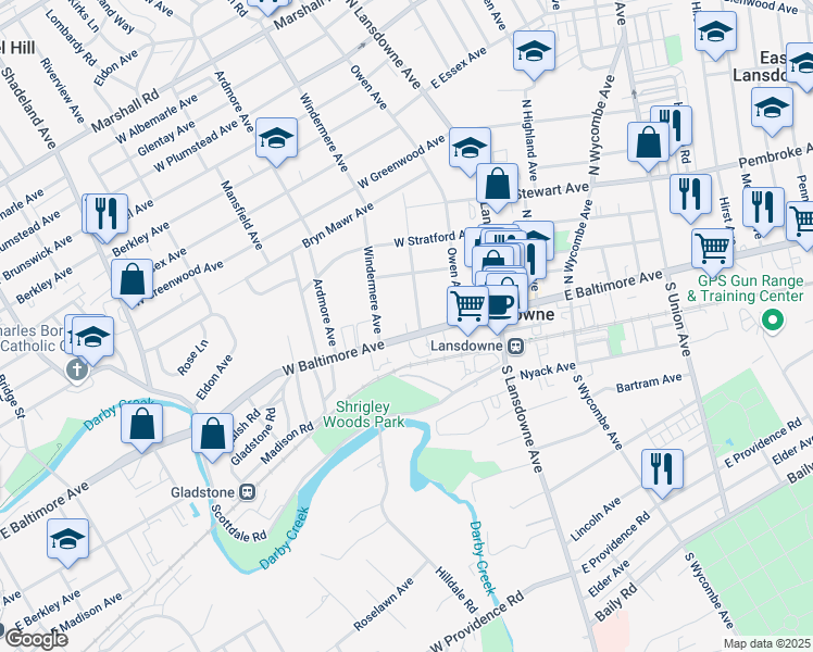 map of restaurants, bars, coffee shops, grocery stores, and more near 83 West Baltimore Avenue in Lansdowne