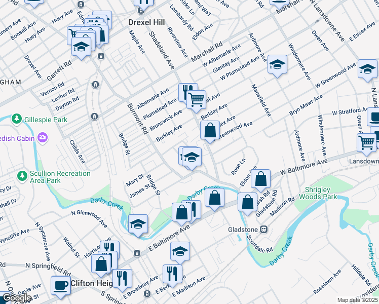 map of restaurants, bars, coffee shops, grocery stores, and more near 134 Abbey Terrace in Drexel Hill