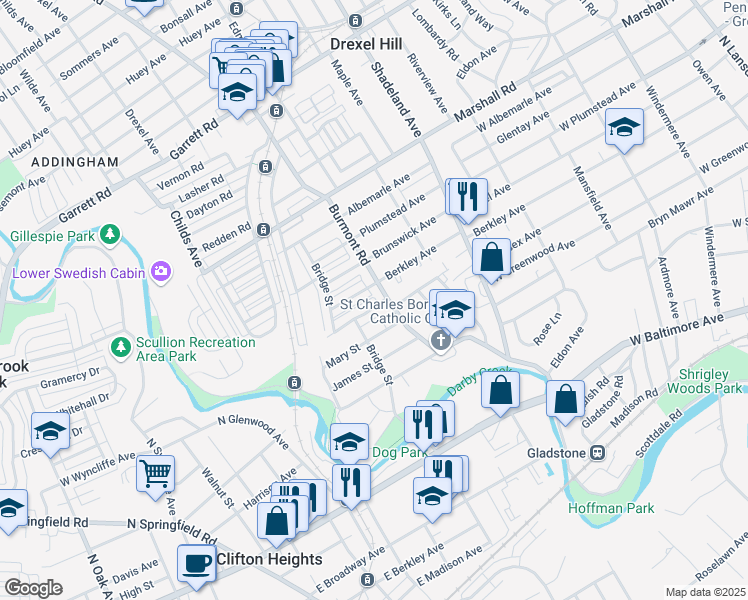 map of restaurants, bars, coffee shops, grocery stores, and more near 3835 Anne Street in Drexel Hill