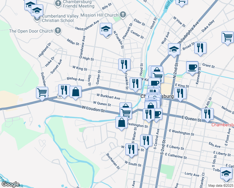 map of restaurants, bars, coffee shops, grocery stores, and more near 265 West Burkhart Avenue in Chambersburg