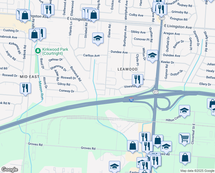 map of restaurants, bars, coffee shops, grocery stores, and more near 4055 Vineshire Drive in Columbus