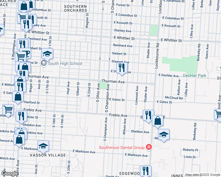 map of restaurants, bars, coffee shops, grocery stores, and more near in Columbus