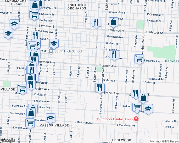 map of restaurants, bars, coffee shops, grocery stores, and more near 805 East Mithoff Street in Columbus