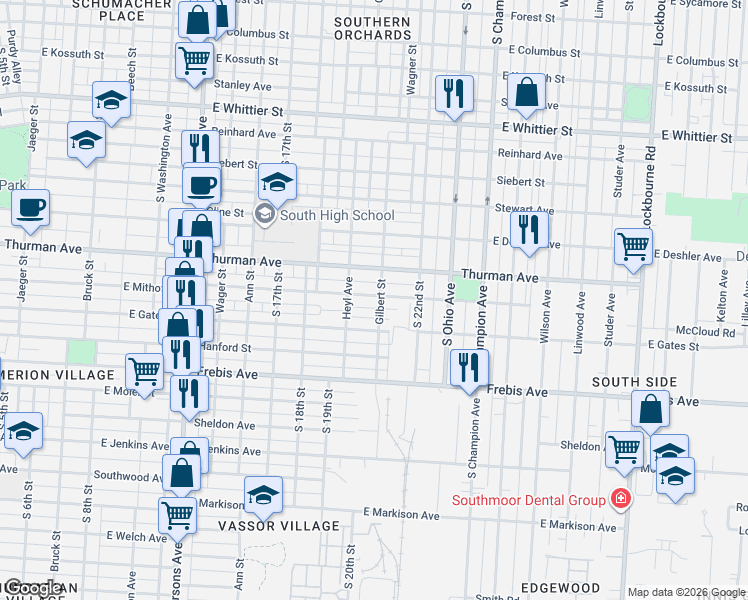 map of restaurants, bars, coffee shops, grocery stores, and more near 1321 Gilbert Street in Columbus