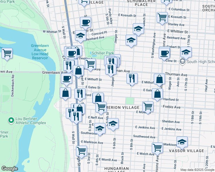 map of restaurants, bars, coffee shops, grocery stores, and more near 137 East Gates Street in Columbus