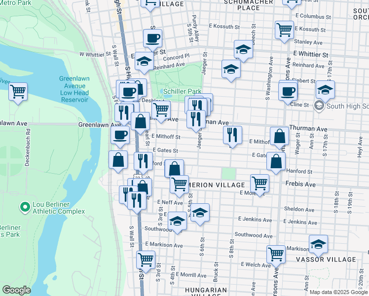 map of restaurants, bars, coffee shops, grocery stores, and more near 137 East Gates Street in Columbus