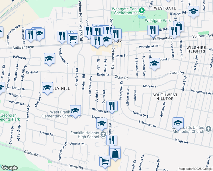 map of restaurants, bars, coffee shops, grocery stores, and more near 797 Derrer Road in Columbus
